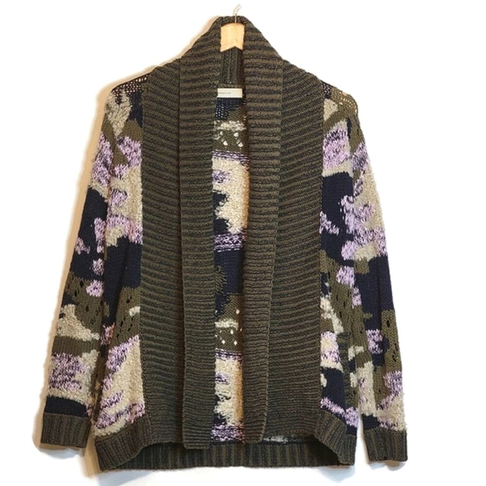 Anthropologie Sleeping on Snow Camo Print Cardigan Sweater Green Cream Cozy XS